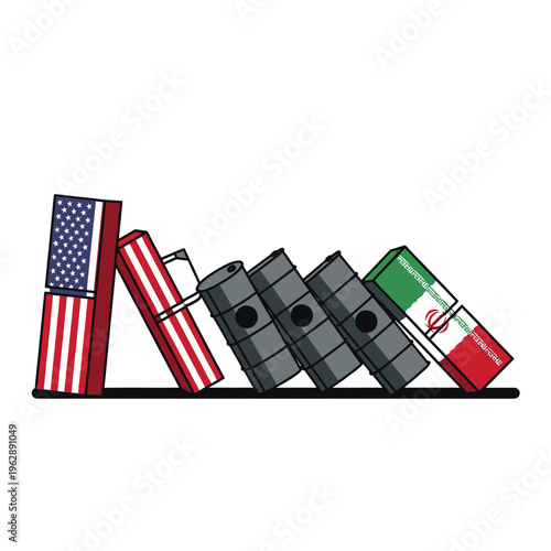 US Iran Relations Domino Effect Illustration Political Cartoon Oil Barrel Conflict Diplomacy International Affairs Middle East Geopolitics Economic Impact