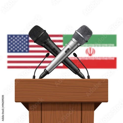 US Iran Relations Illustrated Podium Microphones Flags Diplomacy International Politics Discussion Debate Symbol Graphic Illustration