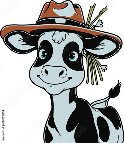 Cartoon cow wearing farmer hat, playful expression, vector clean outline 1