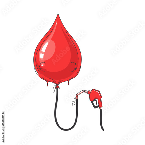 Sad Red Balloon Deflating with Gas Pump Illustration Cartoon Graphic Design Concept Symbol of Loss and Economic Trouble