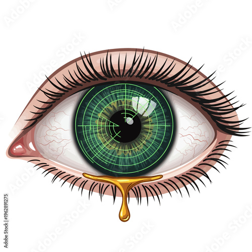 Realistic Green Eye Illustration with Tears and Detailed Eyelashes - Vector Graphic Design for Art and Medical Visuals