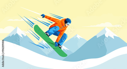 Snowboarder performing a jump with snow-capped mountains in the background, conveying a sense of adventure and winter sports