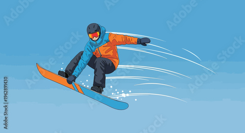 Dynamic illustration of a snowboarder performing an impressive jump, capturing the thrill and energy of winter extreme sports action against a vibrant blue sky