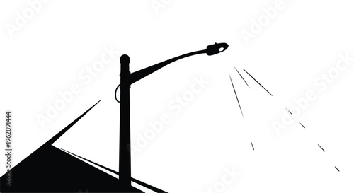 Streetlight silhouette emits light rays against a stark white background, suggesting urban nighttime illumination.