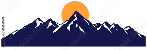 blue mountain silhouette with alpine peaks snow caps and rising sun panoramic vector landscape ideal for outdoor adventure travel branding and nature design