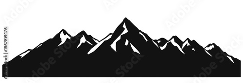 panoramic mountain silhouette with jagged alpine peaks and snow caps clean black vector landscape ideal for outdoor adventure travel branding and nature design