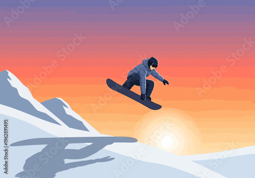 An energetic illustration of a snowboarder performing a thrilling jump, soaring mid-air against a beautiful winter sunset, capturing the freedom and excitement of extreme sports