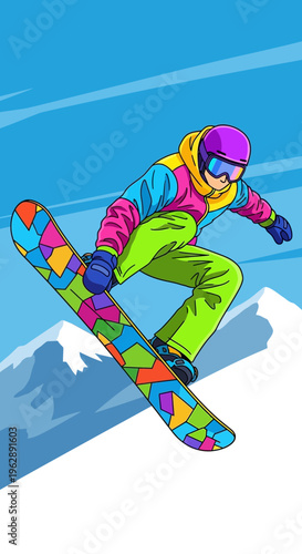Exciting Winter Snowboarding Adventure A Snowboarder Soars Through the Air Against a Mountain Backdrop