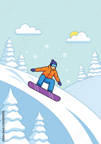 Enjoying a thrilling snowboard ride down a snowy slope surrounded by snow-covered trees and a winter sky with fluffy clouds and snowflakes