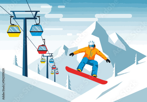 Snowboarder mid-air during a winter extreme sport with ski lifts in the background