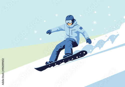 A person snowboarding down a snowy slope on a winter day, enjoying the sport and outdoor activity