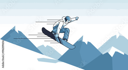 Snowboarder performing a trick mid-air over a mountain range, illustration
