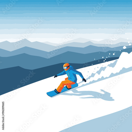 Winter sports fun A person gracefully snowboarding down a snowy mountain slope with a scenic backdrop of layered blue mountains, enjoying the thrill of the ride