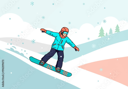 Young snowboarder riding down a snow-covered mountain with trees in the background, capturing the thrill of winter sports