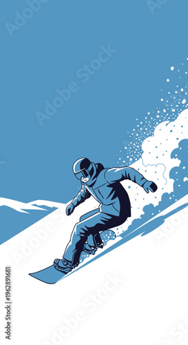 Snowboarder descending a snow-covered mountain, kicking up powder and enjoying a winter sports adventure