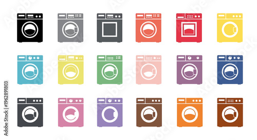 A grid of colorful washing machine icons, illustrating various front-loading laundry appliances in different hues and shades.
