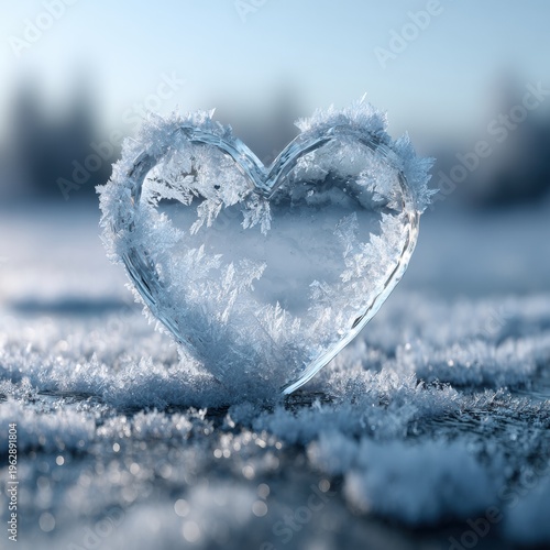 Frosted Glass Heart Card on Icy Snow Surface With Winter Light Reflecting on Snow Crystals
