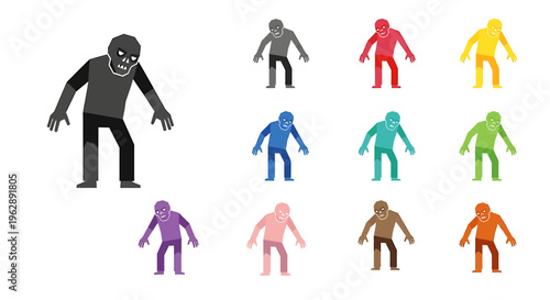 Vector illustration of a zombie or monster character in various colors, depicting a horror or Halloween theme with a simple flat design.