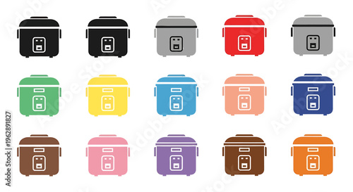 A grid of fifteen colorful electric rice cookers, each with a digital display and buttons, arranged in three rows on a white background.