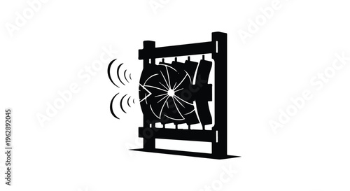 A mechanical wind turbine or fan icon is depicted generating sound waves, enclosed within a simple rectangular frame structure.