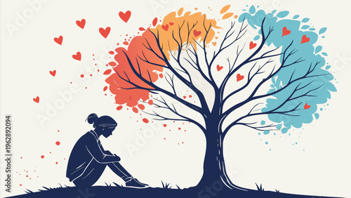 A young person sitting beneath a vibrant tree with colorful leaves reflecting growth and hope in life’s journey