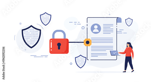 Data privacy and secure documentation concept with a person using a laptop next to a locked file and multiple shield icons.