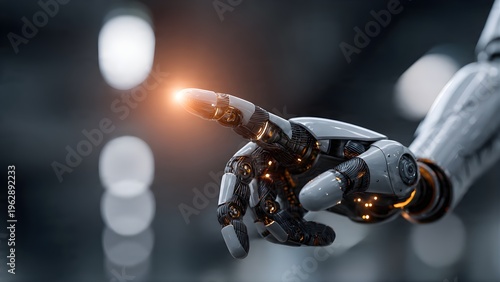 Robotic Hand Finger Pointing Towards Glowing Light Futuristic Technology Concept.