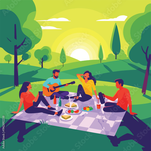 A group of friends enjoys a picnic in a park with guitar music and snacks