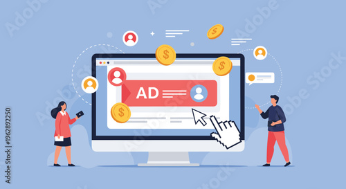 Digital advertising and user monetization concept showing people interacting with a screen displaying an ad and floating coins.