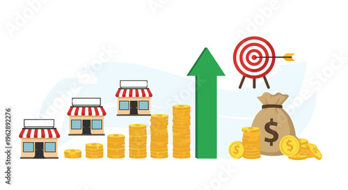 Successful business growth and financial achievement concept with shop icons and rising stacks of coins leading to a target.