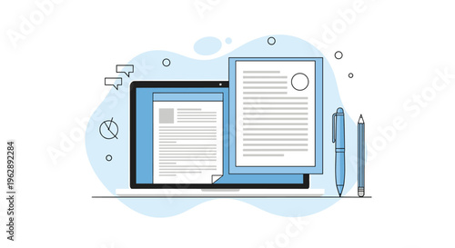 Digital writing and document editing concept with a laptop screen showing text pages next to a pen and a pencil on a desk.