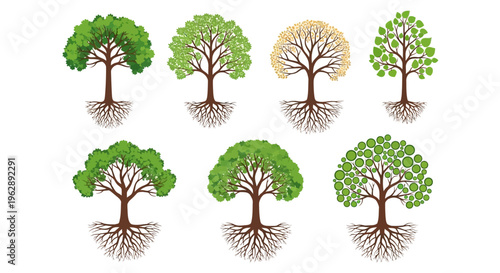 Set of stylized tree icons with green leaves and root systems on white background