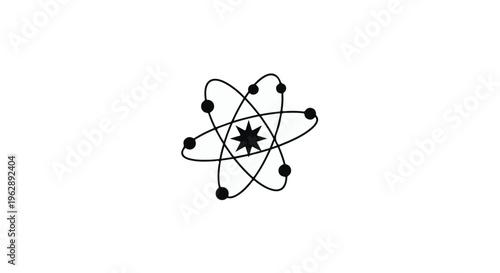 Stylized atomic structure illustration features a central star surrounded by orbiting elliptical paths and electrons.