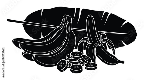 Banana bunch with tropical leaf and sliced pieces including peeled fruit icons for healthy snack art