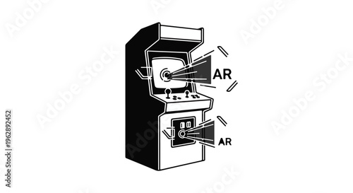 Classic arcade game cabinet graphic illustrates augmented reality projection capabilities labeled with AR text.