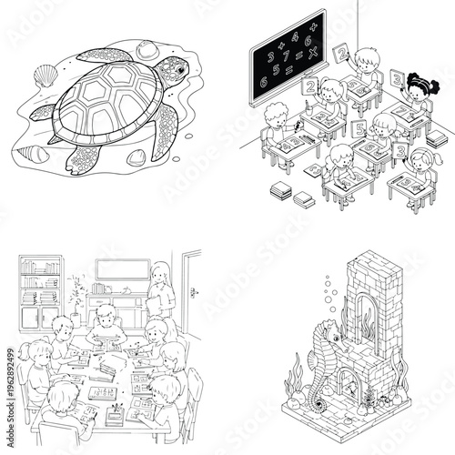 Creative learning pages: turtle, desk setup, abstract architecture, coloring page