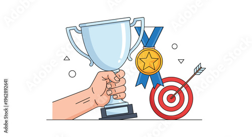 Success and goal achievement concept with hand holding silver trophy next to gold medal and archery target with arrow.