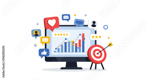 Social media marketing analytics on monitor with heart and like icons charts and target representing brand engagement.