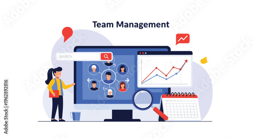 Team management dashboard with network of employees on monitor showing charts and calendar for project scheduling.