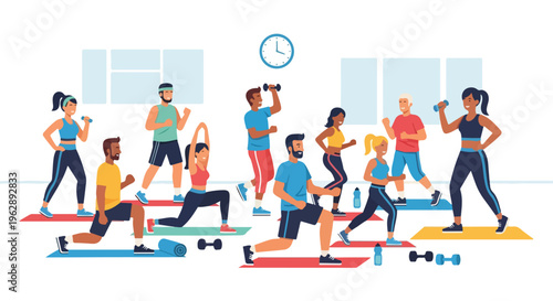 A group of people are exercising in a fitness studio