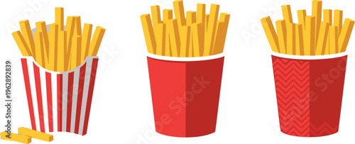 French fries in red containers vector illustration set, crispy potato fast food snack in striped and patterned cartons isolated on background