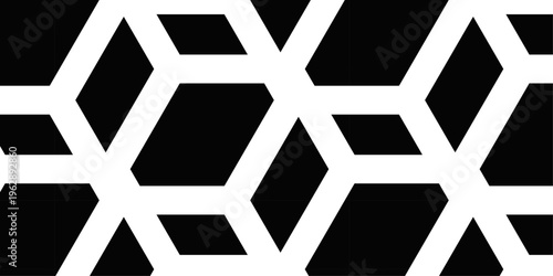 Seamless geometric pattern featuring a black and white vector illustration of a hexagon shape and digital element for modern 3D technology design.