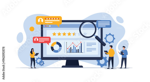 Business analytics team analyzing customer experience with star ratings and performance charts on large computer monitor.