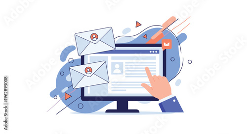 Email management and communication concept with hand pointing at monitor and multiple envelopes flying through the air.