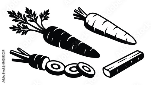 Carrot vegetable set featuring whole root with greens and sliced pieces for organic cooking graphics