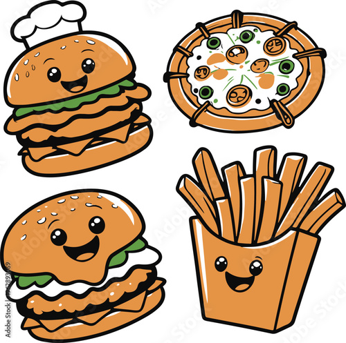 Food sticker pack (burger, pizza, fries) with funny faces 1