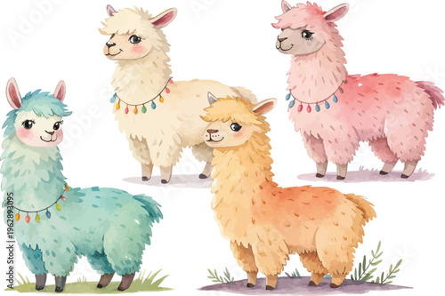 set of Watercolor Alpaca Illustration, Cute Fluffy Farm Animal Clipart, Hand Painted Style, illustration isolated on white background