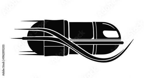 Sleek monochrome vector icon depicting a high-speed bullet train or futuristic rapid transit capsule, symbolizing swiftness, modern technology, and efficient future travel