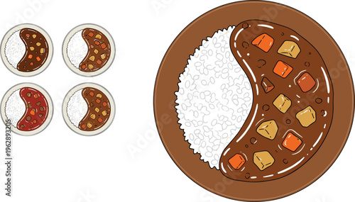 Japanese curry rice plate with vegetables and meat vector illustration, traditional Asian food dish top view and portion variations isolated on background