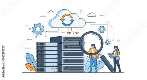 Cloud data storage and backup process with server racks connected to cloud and people monitoring the synchronization.